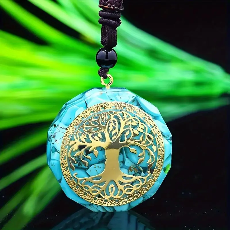 Tree Of Life Orgonite Pendant Necklace - Natural Turquoise Stone Resin Jewelry Amulet for Women, Men - Symbolic Design, Growth, Strength, Calming, Elegance, Connection to Nature, Healing Properties
