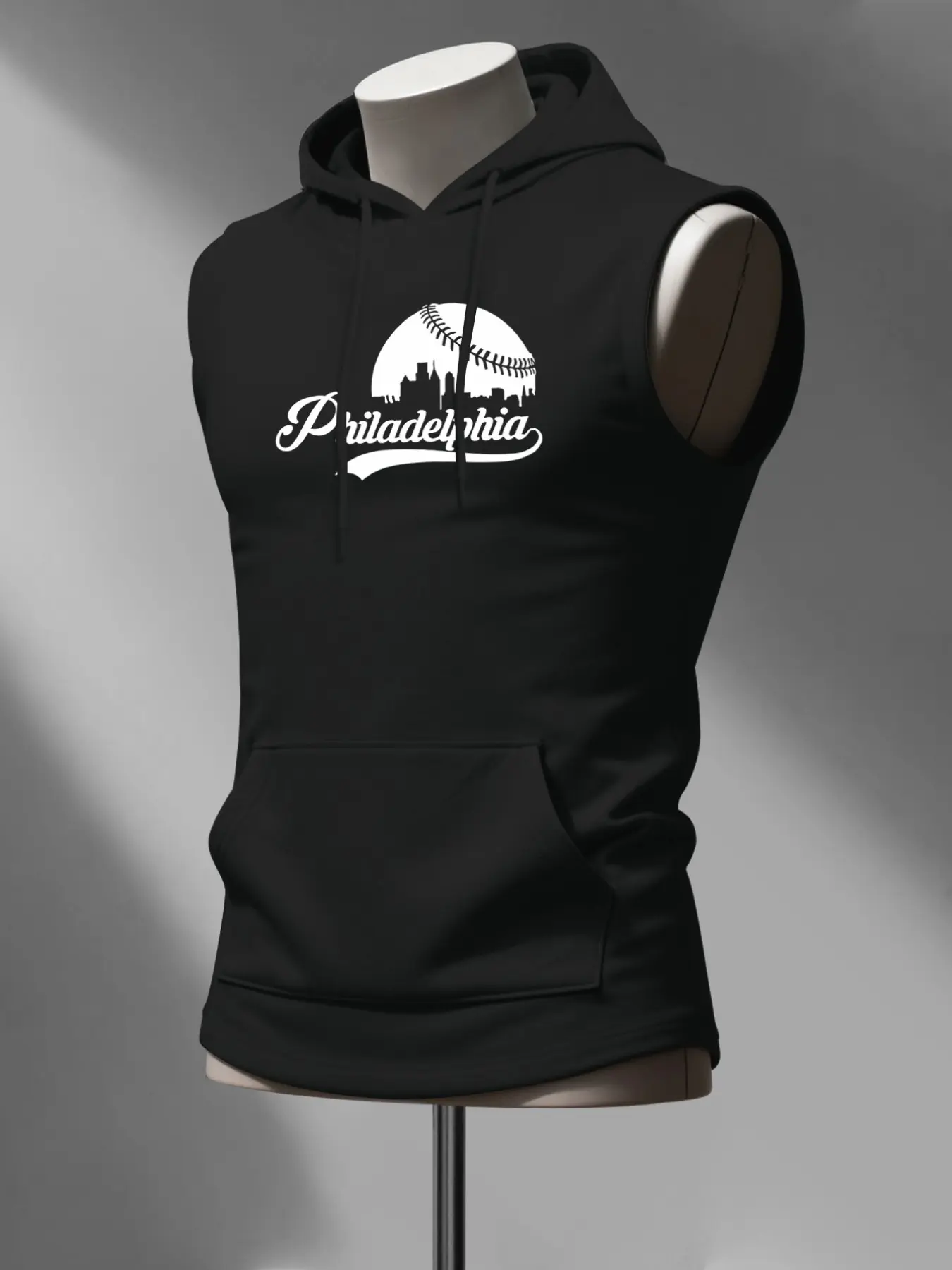 Men's Fashion Hooded Vest, Philadelphia Baseball City Print, Simple Building Silhouette Design, Sporty Casual Style, Hot Gift, Sports Vest