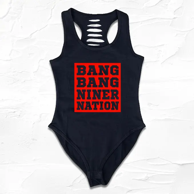 Womens Black/Red Handmade San Francisco Niner Faitful Bodysuit, SF Bodysuit for Niner Fan, Bang Bang Baby