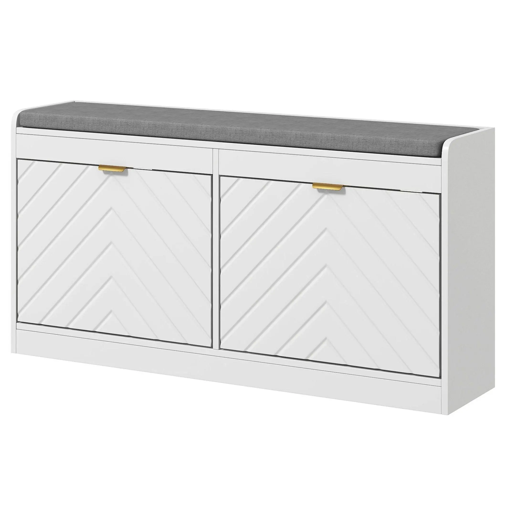 White Upholstered Shoe Rack Bench with Cushion, Adjustable Seat - Entryway Storage Bench with 2 Flip Drawers, 8 Pairs Hold Capacity
