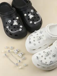 Summer 2024 Cute Chain & Faux Pearl & Bear Decorated Shoes Jewelry (10/12pcs), Rhinestone Decor Shoes Accessories for Women's Clogs, Fashionable Shoes Accessories for Clogs