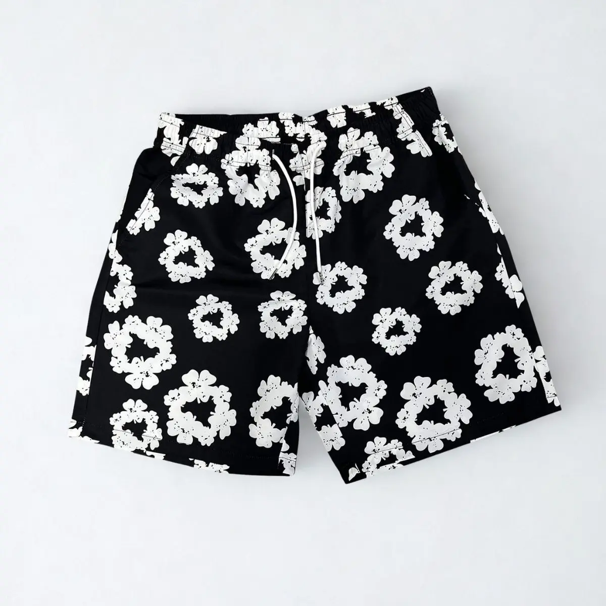 Men’s Retro Black and White Floral Patterned Breezy Drawstring Shorts - Summer Casual Beach Menswear Bottoms, Breathable Men’s Shorts for Daily Wear, Breezy Men's Shorts