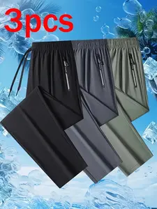 Men's summer ice silk pants, cool and breathable, with zippered pockets, soft and silky fabric with excellent elasticity, trendy design, summer wear, quick-dry for sports, popular sporty casual fashion style Menswear