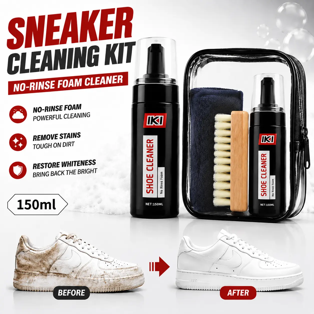 150ml No-Rinse Foam Shoe Cleaner Kit - Foam Cleaner with Brush, Towel, Storage Pouch, Instant Stain Removal for White Sneakers, Athletic Footwear