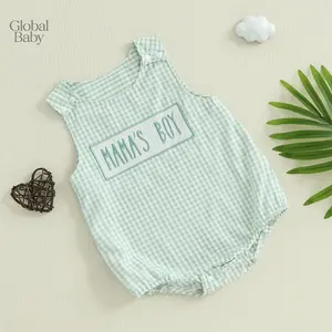Global Baby Boy Summer Romper Overalls Letter Embroidery Plaid Print Sleeveless Round Neck Jumpsuit 2026 Overalls Sleeveless Stripes Embroidery Romper Bodysuit Summer Clothes for Casual