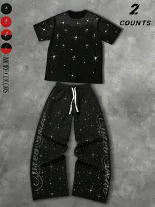 Unisex Rhinestone Starry Sky Short Sleeve + Sweatpants Set, Summer Streetwear Fashion, Trendy Casual Sportswear, Hip Hop Rap Style