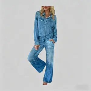 Y2K Women's 2 Piece Denim Track Set - Long Sleeve Button Down Shirt and High Waist Wide Leg Pants Casual Outfit Vintage