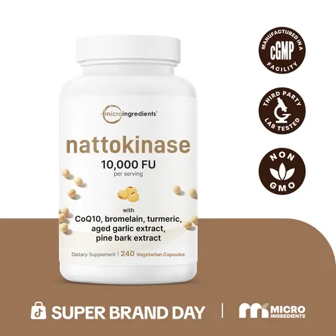 Micro Ingredients Nattokinase (Derived from Japanese Natto) 10,000FU Complex, 240 Vegetarian Capsules | with Coq 10, Turmeric, Aged Garlic & More, Non-GMO, No Gluten