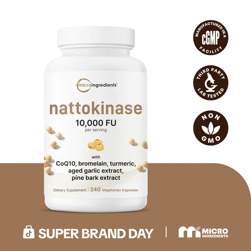 Micro Ingredients Nattokinase (Derived from Japanese Natto) 10,000FU Complex, 240 Vegetarian Capsules | with Coq 10, Turmeric, Aged Garlic & More, Non-GMO, No Gluten