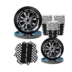 Disposable Party Plates Napkins Cups, Car Tire Design Paper Tableware Set for 25 Guests, Perfect for Parties Family Picnics Multi-Guest Gatherings