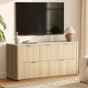 ModernMate 5-Drawer Bedroom Dresser - 51" Wide Storage Sideboard with Faux Travertine Top, Metal Handles, Versatile for Living Room, Entryway (Doubles as TV Stand)
