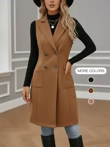 Women's Vintage Slim Fit Sleeveless Vest Coat, Long Woven Fabric Jacket for Spring & Fall, Casual Fashion Outerwear for Women