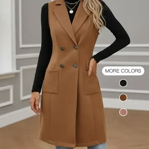 Women's Vintage Basic Slim Fit Sleeveless Plain Blazer Vest, Woven Fabric Waistcoat for Spring & Fall, Casual Chic Elegant Fashion Outerwear for Women