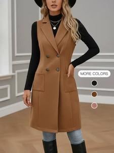 women's vintage slim fit sleeveless basic vest coat, long woven fabric jacket for spring & fall, casual fashion outerwear for women