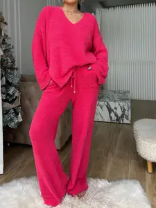 【COZY PAJAMA SET】Women's Solid Split Hem Top & Pocket Pants Plush Pyjama Set, Casual Comfy Long Sleeve V Neck Top & Drawstring Trousers PJ Set, Women's Fluffy Pajamas for Fall & Winter