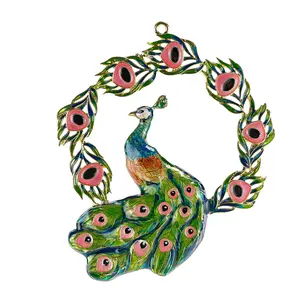 Peacock Wreath Ornament - Natural Wood Design with Peacock Feathers, Elegant Wall Hanging, Unique Home Decor Accent