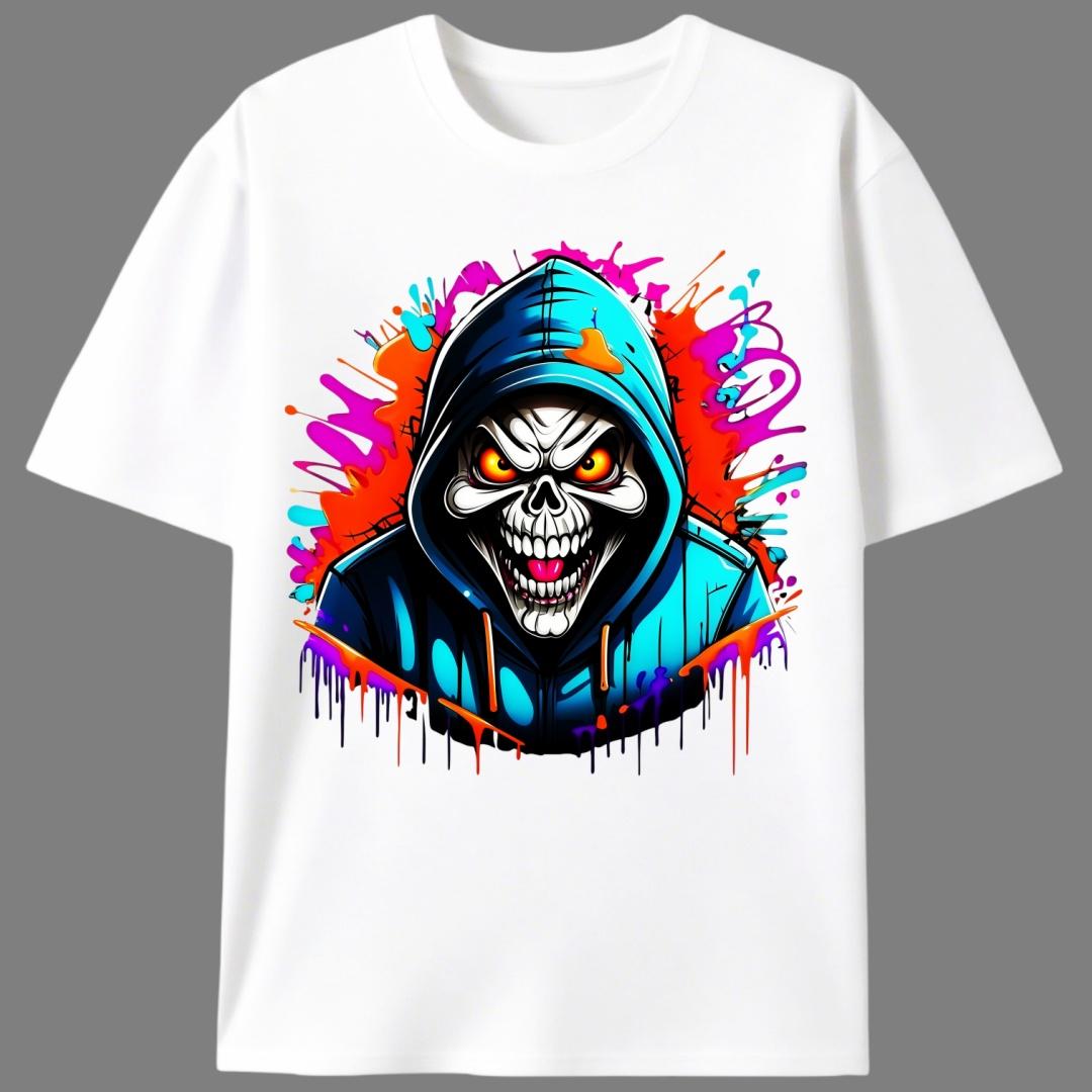 Hooded Skeleton Scream Summer T-Shirt, Unisex Men's Halloween Streetwear Graphic Tee, Dark Aesthetic Skull Casual Shirt for Men & Women