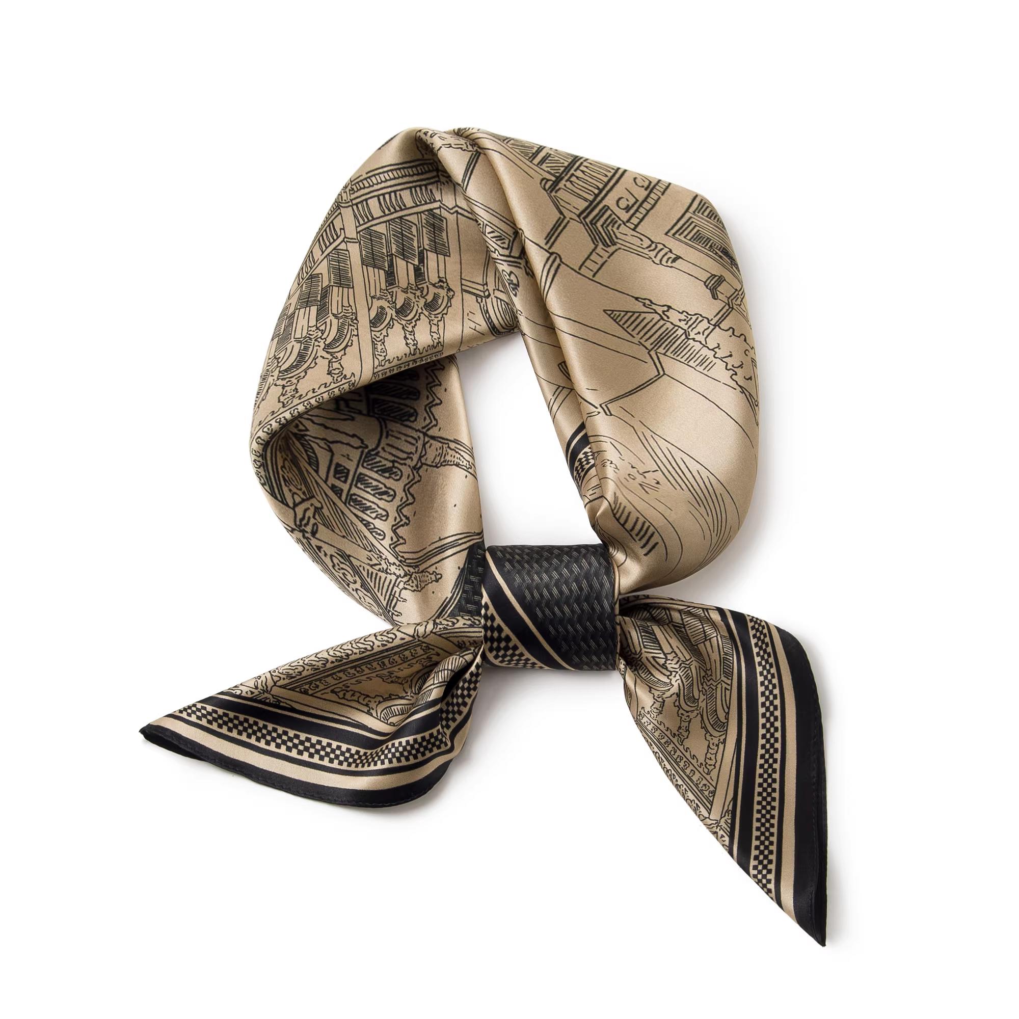 Retro Black & Gold Mulberry Silk Crepe Satin Headscarf with Geometric Print, Sun Protection, Multi-Purpose Women’s Scarf  long night scarf