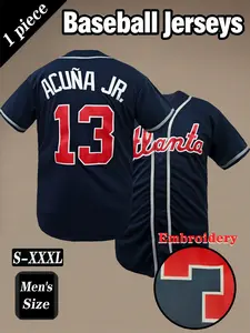 Men's #13 Dark blue Baseball Jersey, “Atlanta“ Letter Embroidery Design, Soft Breathable Comfort Sportswear Top, Casual Wear for All Seasons