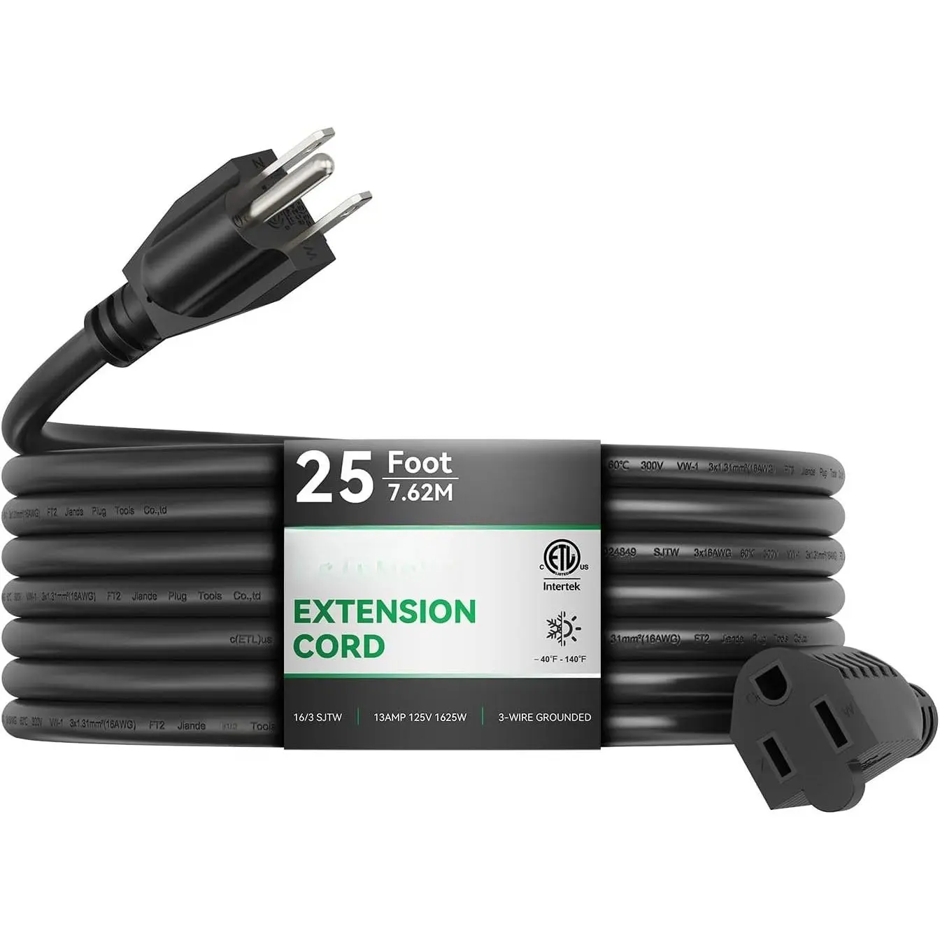 Outdoor Extension Cord 25 FT , 16/3 Gauge Black Heavy Duty 3 Prong Extension Cord, 13A 1625W SJTW, ETL Listed,  for Garden and Home