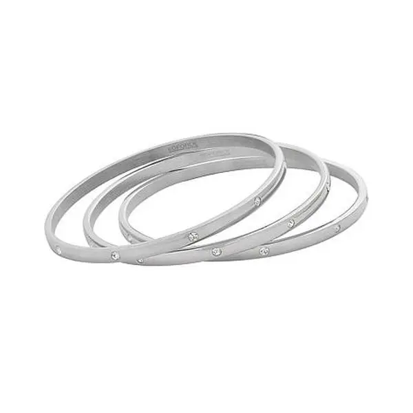 Stately Steel CZ-Accented Bangle Bracelet 3-piece Set