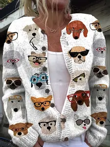 Women's Fitted Knit Sweater Cardigan, Lightweight Long sleeve Button Dog Pattern Winter Coat, Soft Comfortable Vintage Style, Spring & Fall Fashion