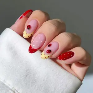 24pcs Almond Press-On Nails, Polka Dot Ladybug French Set, Short Glossy Artificial Nails, Reusable Detachable Tips, Press On Sets