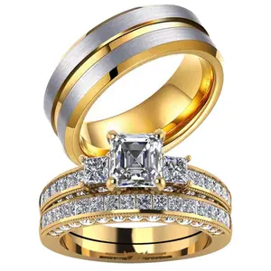 Ringcrown Couple Rings Yellow Gold Plated Three Stone Square 1ct AAA CZ 2pcs Women Wedding Ring Sets For Him And Her Tungsten Steel Wedding Band