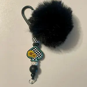 Black Pom Pom Checkerboard Carabiner Silicone Beaded Keychain