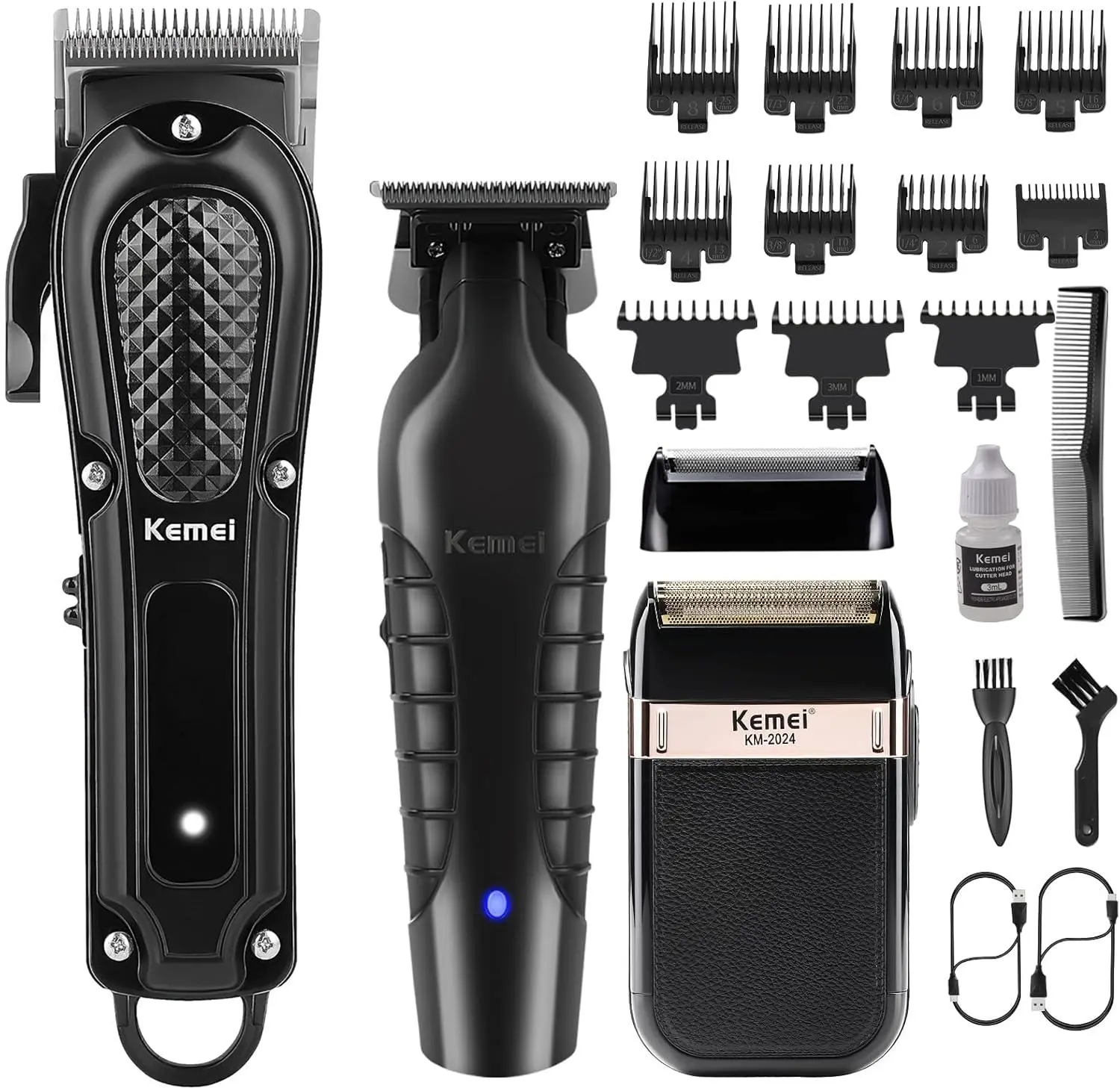 KEMEI 3 IN 1 Clipers Set KEMEI 1071 & KEMEI 2299 Black & KEMEI 2024 Hair Trimmer & Barber Cutting Kit for Men Cordless Professional 0-Gapped, Ideal Gift for Men Beard and Hair Grooming