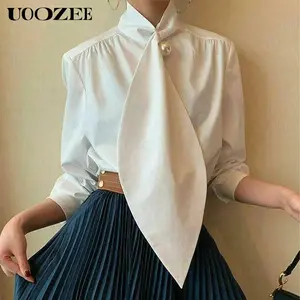 UOOZEE Women's White Loose Designer Tops - Comfortable Non-Stretch Fabric, Fitted Long Sleeve Blouse, Minimalist Style, Casual Wear for All Seasons