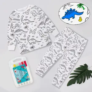 Kids Coloring Pajamas Set with Markers Soft Bamboo Viscose Unisex PJs Set Snug Fit Color-Your-Own Dinosaur Theme Sleepwear Stretchy Breathable