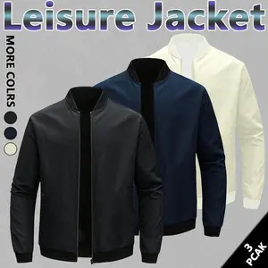 Men's solid color zipper jacket, lightweight and easy to carry, regular style casual long-sleeved polyester jacket top, beige black solid color zipper jacket fabric is comfortable and suitable for daily wear in autumn and winter