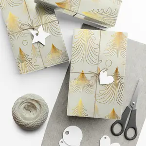 Abstract Christmas Tree Wrapping Paper with Gold Lines on Matte White Minimalist Holiday Gift Wrap