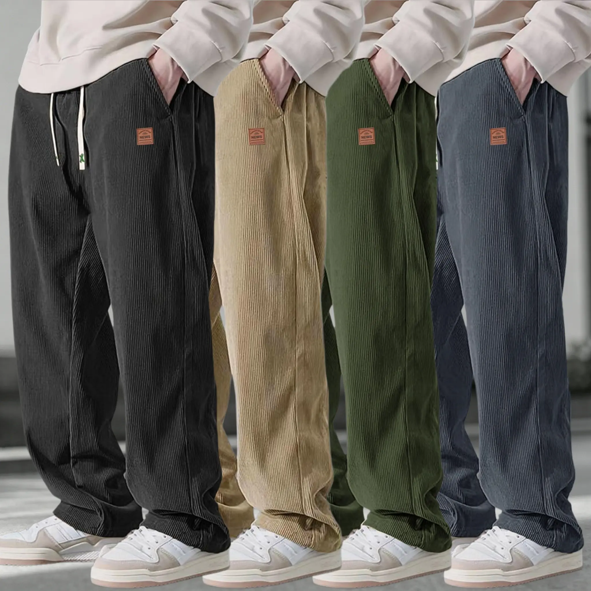 Men’s four-piece casual pants set for spring/autumn: gray, khaki, black, and green. Simple, versatile design with drawstring; loose and comfortable long pants suitable for men’s activities. summervibes, fathersdaygift