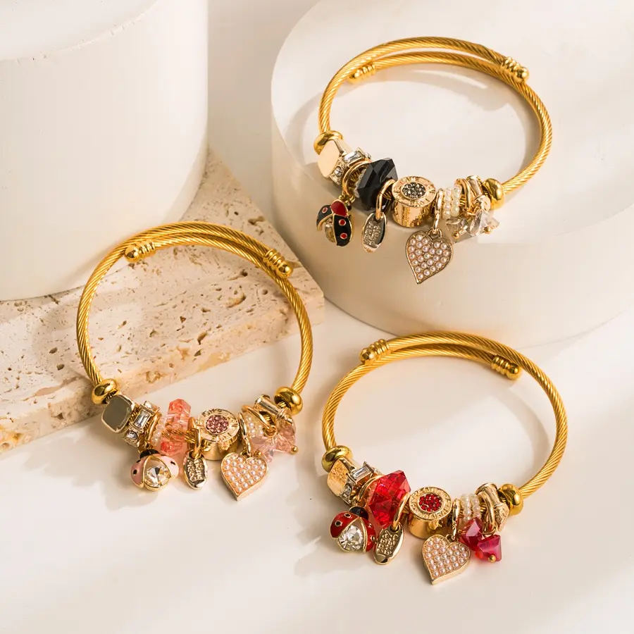 Women's Gold Tone Stainless Steel Open Charm Bracelet with Ladybug Hearts, Crystal Beads, Imitation Pearl - Bling Effect, Playful Sparkle, Jewelry Stack for Everyday Wear, Charm Bracelets, Open Bangle