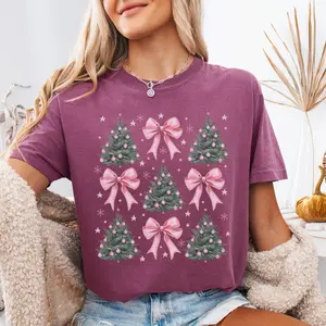 Coquette Christmas Tree Shirt Comfort Colors, Pink Bow Xmas Tee, Retro Christmas Women's Top