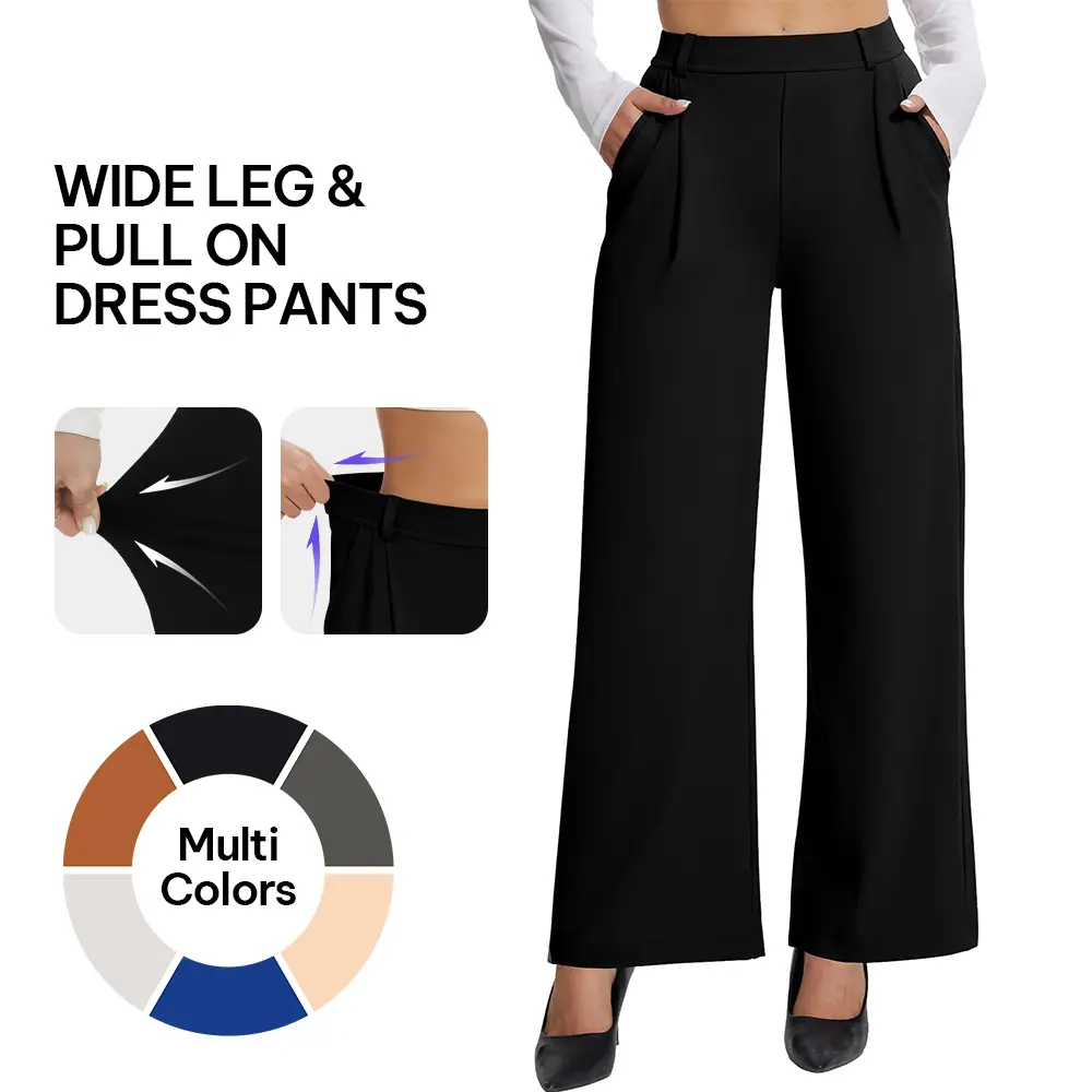AVAMO Work Friendly Stretchy Dress Pants with Belt Loop Pleated Elastic  Work Pants Slacks for Women Wide Leg Yoga Pants with Pockets High Waisted  Pull On Business Casual Womenswear Workwear Bottom -