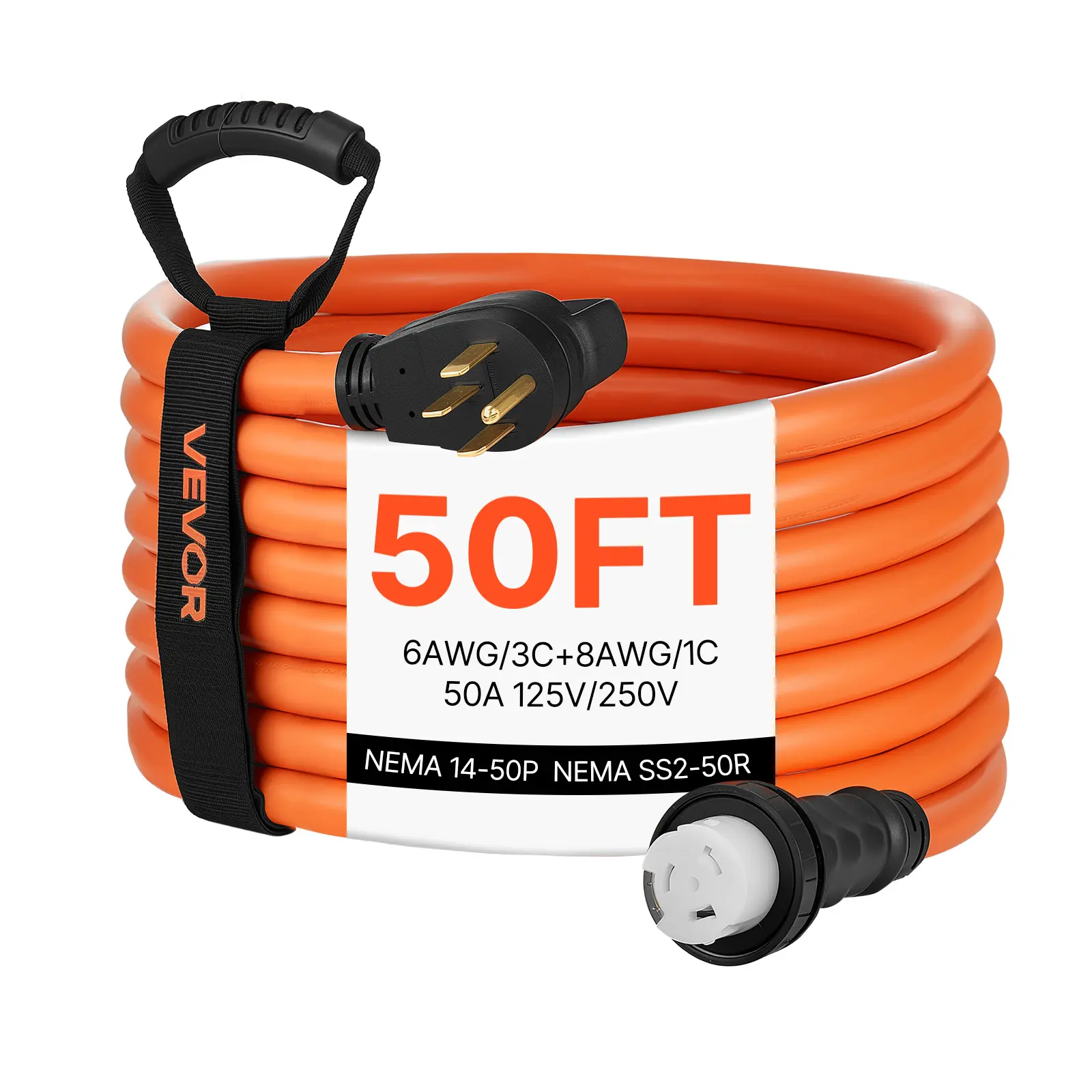 VEVOR 50 Amp Generator Cord, 50 Feet, 125/250V RV Power Cord NEMA 14-50P to SS2-50R with Twist Lock, Grip Handle, Heavy Duty 6AWG/3 + 8AWG/1 Generator Cable, for RV Camper Generator to House, Orange#BacktoSchool