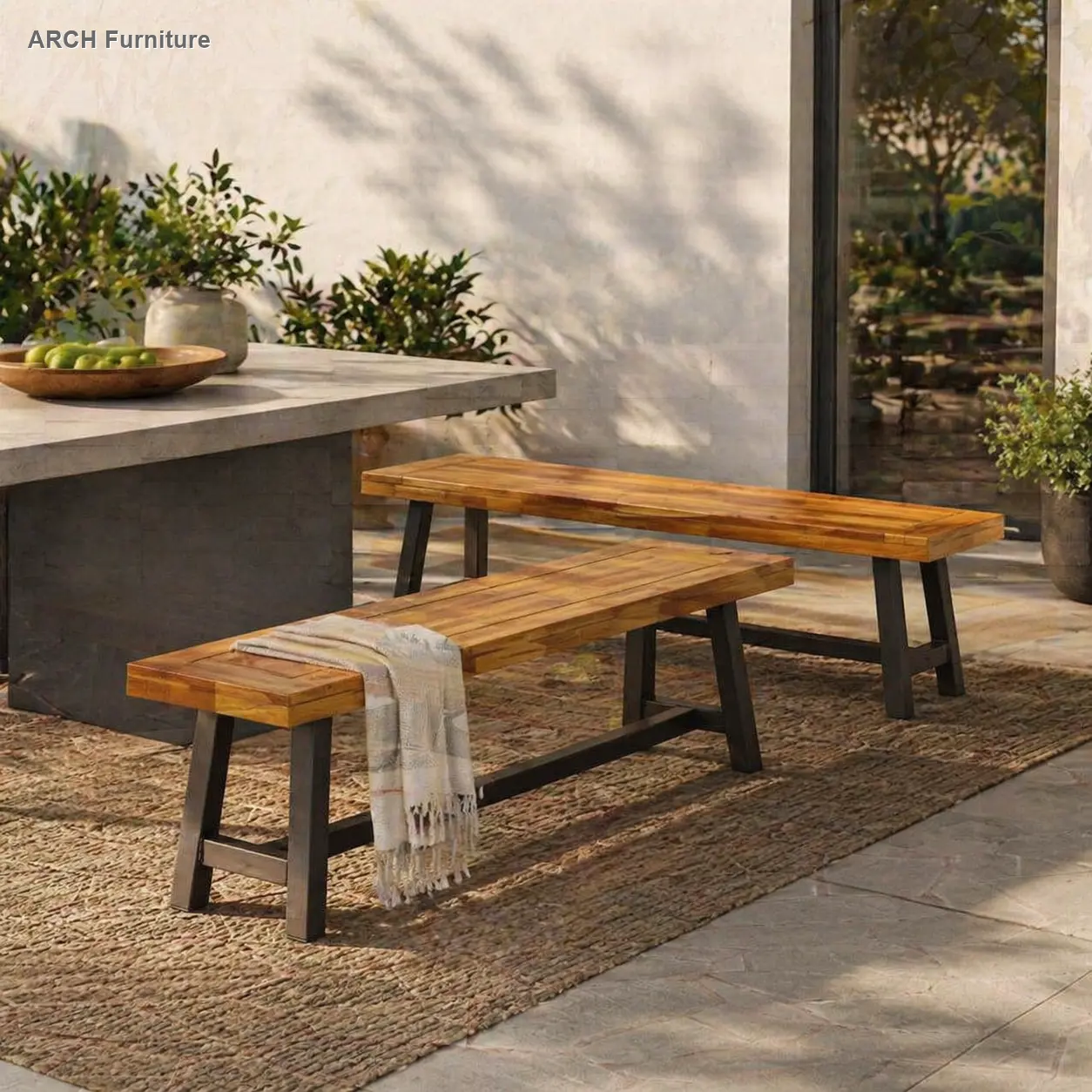 ARCH Aesthetic Indoor Outdoor Timber Furniture Set - Sandblasted Brown Powder-Coated Rustic Metal Sturdy Modern Outdoor Rated Double-Seat Benches (Set of 2), Powder-Coated Metal Benches, Indoor Outdoor Benches