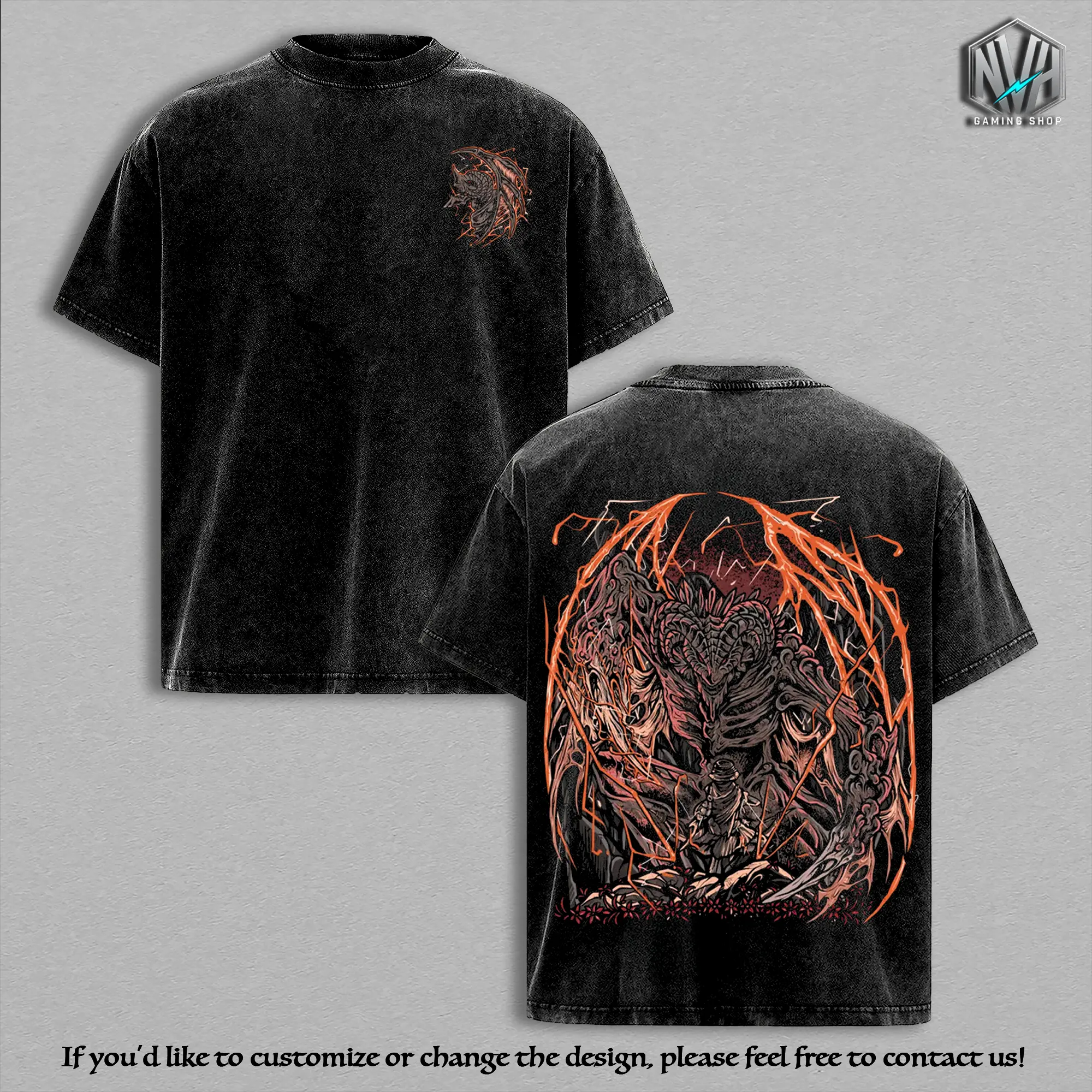 Elden Ring Shadow of the Erdtree Graphic Tees, FromSoftware Action RPG Dark Fantasy Streetwear Apparel, Tarnished vs Bayle the Dread Dragon Boss Fight Fan Merchandise, Casual Wash Cotton Top, Y2k Casual Fashion, Retro Shirt, Men Women Clothing