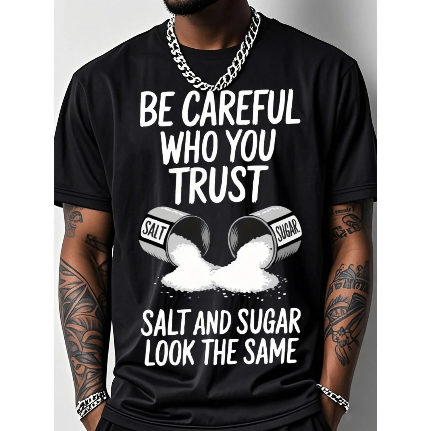 Mens Outdoor Fitness T Shirt Salt Graphic Print Slogan Be Careful Who You Trust Short Sleeve Crew Neck Top Made From 200g Cotton Breathable Stretch Fabric Active Sportswear Athletic Fitted