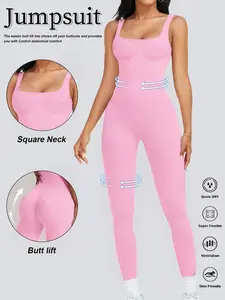 Womens Workout Rompers Jumpsuits Seamless Ribbed Yoga Gym One Piece Sleeveless Square Neck Tank Top Leggings Unitard Stretchable Activewear