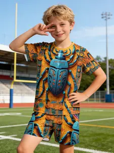 Boys' Egyptian Scarab Print Tee & Track Shorts Set, Casual Summer, All over Print, Fitted, Suitable for Parties and School
