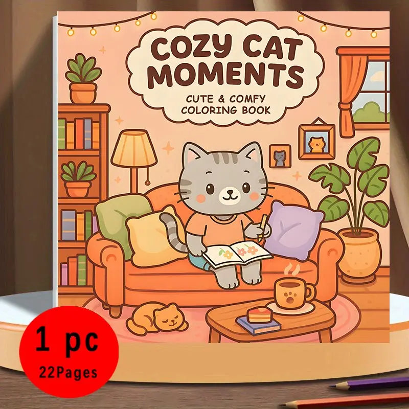 Cozy Cat Moments Cute & Comfy Coloring Book for Kids & Adults - 22 Easy Kawaii Themes Cat Coloring Pages, 120gsm Thick No Bleed Paper, Non-Toxic Odorless, Glue Binding, Perfect for Stress Relief Art Drawing
