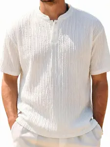 Men's Casual Henley Shirt Band Collar Short Sleeve Shirt Summer Beach Hippie T-Shirt