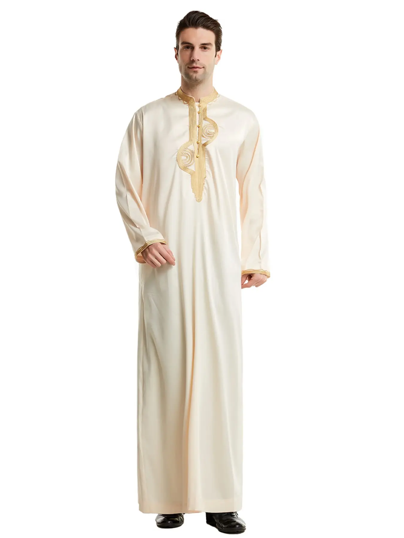 Muslim Traditional Robe Men Stand Collar Embroidered Silk Long Robe Islamic Thobe Ethnic Style Festival Clothing, Loose-Fitting All Seasons Apparel Authentic Saudi Thobe For Muslim
