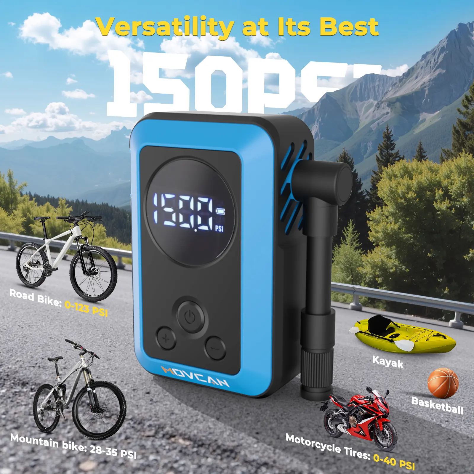 Movcan Cordless Electric Mini Tire Pump with Gauge, 150PSI Rechargeable Portable, 33s Fast Inflation, Presta & Schrader Valve Compatible for Bicycle, Motorcycle Tires, Cordless Tire Pump
