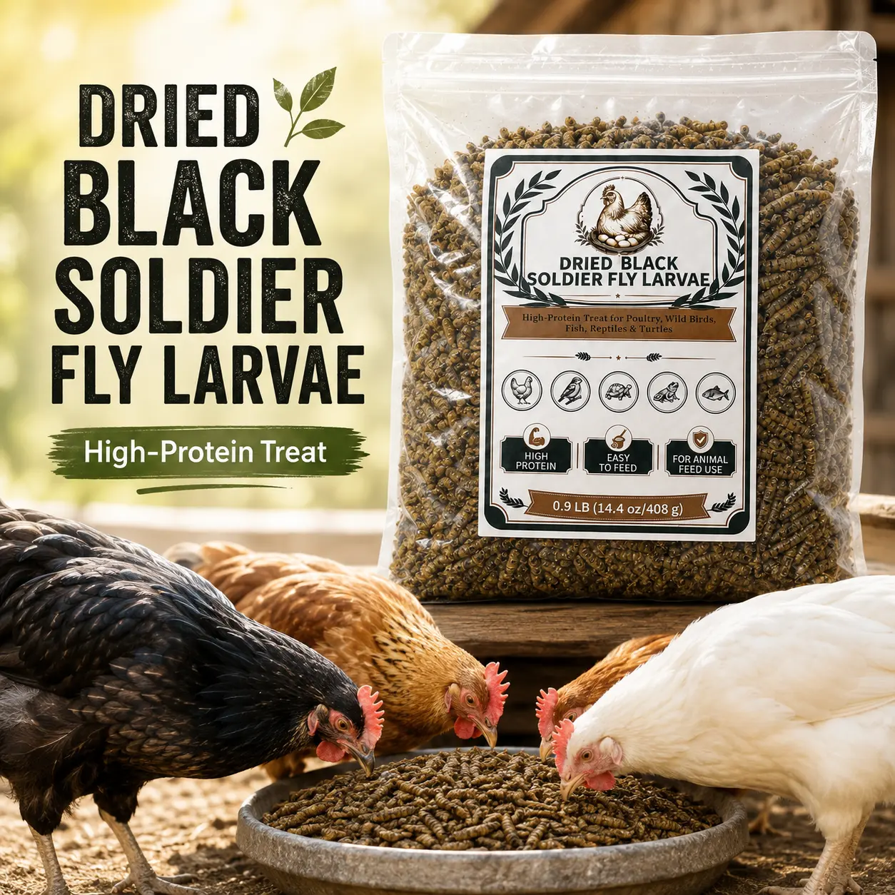 0.9 LB Dried Black Soldier Fly Larvae for Chickens, Ducks, Wild Birds, Reptiles, Turtles & Fish, High-Protein Animal Treat in Resealable Bag, Easy-to-Feed Poultry Snack
