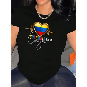 [Colombia Heart Graphic Tee] Colombia Heart Graphic T-Shirt - Women's Casual Short Sleeve Crew Neck Knit Tee - Polyester Spandex Blend, Medium Stretch, Alphabet Print Summer Top Black Womenswear 
